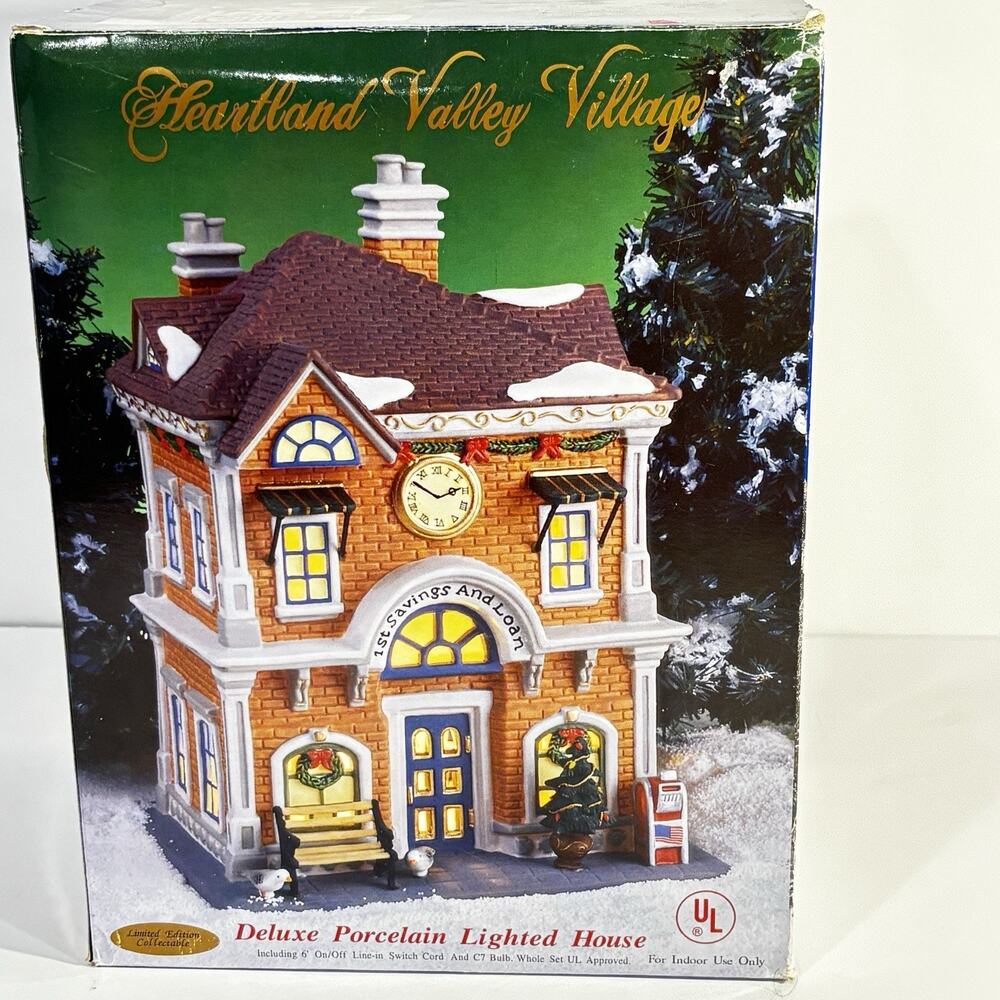 Vtg Heartland Valley Village Deluxe Holiday Lighted 1st Savings Bank Porcelain
